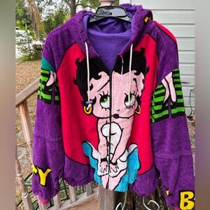 Betty Boop Terry Cloth Jacket Hoodie Sz XL XXL Red Purple Blue RARE Vintage 80s